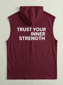 “相信你的内在力量”标语印花连帽背心，男士休闲无袖健身衫，美式运动风格 - 酒紅色 - 查看 4