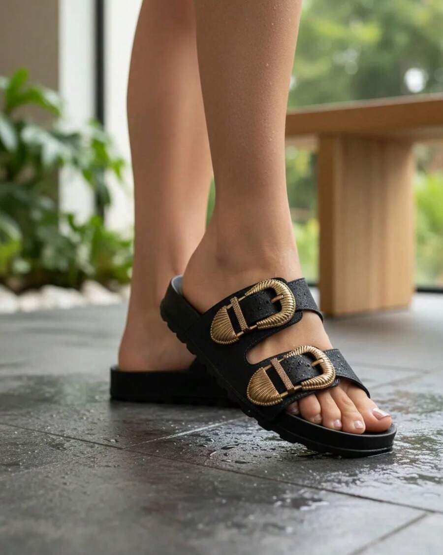 Original Moleca Birken Flat Sandal With Buckle, Original Sandal, Slide Style, Comfortable Casual Style - Da lộn đen FIV - Xem 1