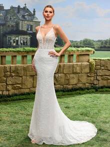 Vestido de novia elegante y ajustado de unicolor con encaje de espina de pescado, primavera - Blanco - Ver 7