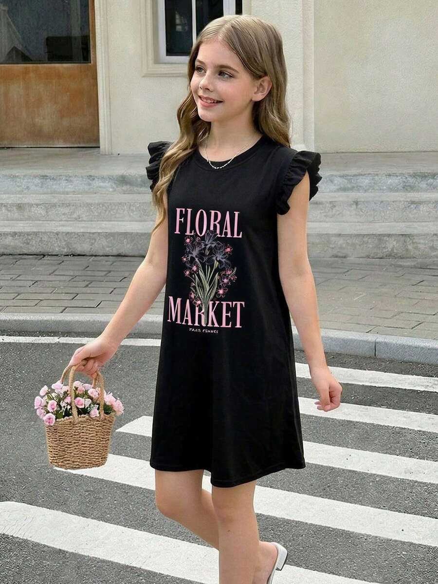 女童休闲字母印花连衣裙，女童休闲优雅连衣裙 - 黑色 - 查看 1