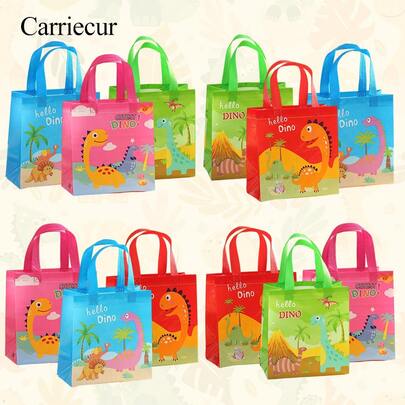 CARRIECUR Bolsas de regalo reutilizables de tela no tejida con diseño de dinosaurio y asas, surtido de bolsas de tote con tema de dinosaurios de dibujos animados lindos para fiestas, cumpleaños, regreso a la escuela, recompensas en el aula, baby shower, envoltura de regalos, vacaciones, decoraciones de fiesta