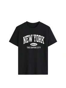 Camiseta de manga corta para mujer, de verano, con estampado de letras, cuello redondo, holgada y casual, adecuada para uso diario, informal y a la moda. Disponible en blanco, negro y rosa, con patrones temáticos de vacaciones también disponibles. 100% algodón. - Negro - Ver 3