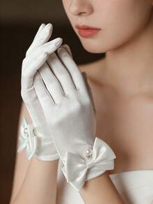 1 par de guantes de novia de satén blanco, decorados con un lazo de perlas falsas y cristales, adecuados para bodas elegantes, ópera, fiestas de té, verano, playa - Multicolor - Ver 13
