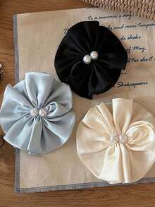 1pc Romantic French Retro Satin Ruffle Pearl Flower Clip, Elegant Niche Sweet Hair Clip For Half Updo - Multicolor - View 2