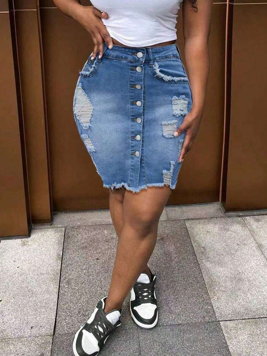 Sexy Stretchy Distressed Denim Pencil Skirt, Women's Casual Button Frayed Pocket Beach Denim Skirt, Summer Music Festival Denim Style - 中等水洗 - 查看 1