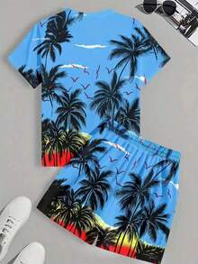 Coconut Tree & Seagull 3D Print Short Sleeve Shorts Set For Men - Multicolor - View 2