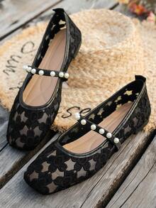 Giày búp bê Mary Jane đế bằng ren lưới đính ngọc trai mới dành cho nữ, mềm mại, thanh lịch, thoáng khí, thích hợp mang đi làm hàng ngày. - Đen 2 - Xem 5