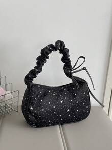新款时尚星月图案褶皱云朵单肩包，休闲斜挎法棍包，女士 - 黑色 - 查看 7