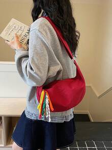 Túi ngoài trời dành cho thanh thiếu niên, túi vải tua rua hình bánh bao, túi đeo vai nhẹ, túi đeo chéo hình lưỡi liềm kiểu dáng thường ngày. - A - Xem 5