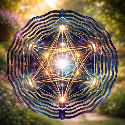 1pc Sacred Geometry Metal Wind Chime, Decorated With Flower Of Life And Merkaba Pattern - Iron Hanging Outdoor Wind Chime With 360-Degree Rotating Hook, Available In Cosmic Blue/Purple/Orange/Gold, Suitable As Spiritual Meditation Yoga Gift For Garden, Patio, Balcony