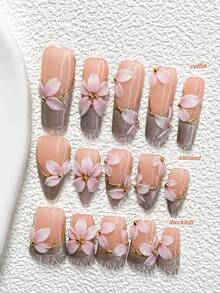 10Pcs Light Luxury Floral Style Handmade Nail Art Set,Polygel Nail Set, Five Petal Flower Nail Art Decorations,Includes Nail Tools,3 Sizes Available,Almond Nails , Duck Nails,Coffin Nails For Party, Dance, Daily Wear. - 彩色 - 查看 1