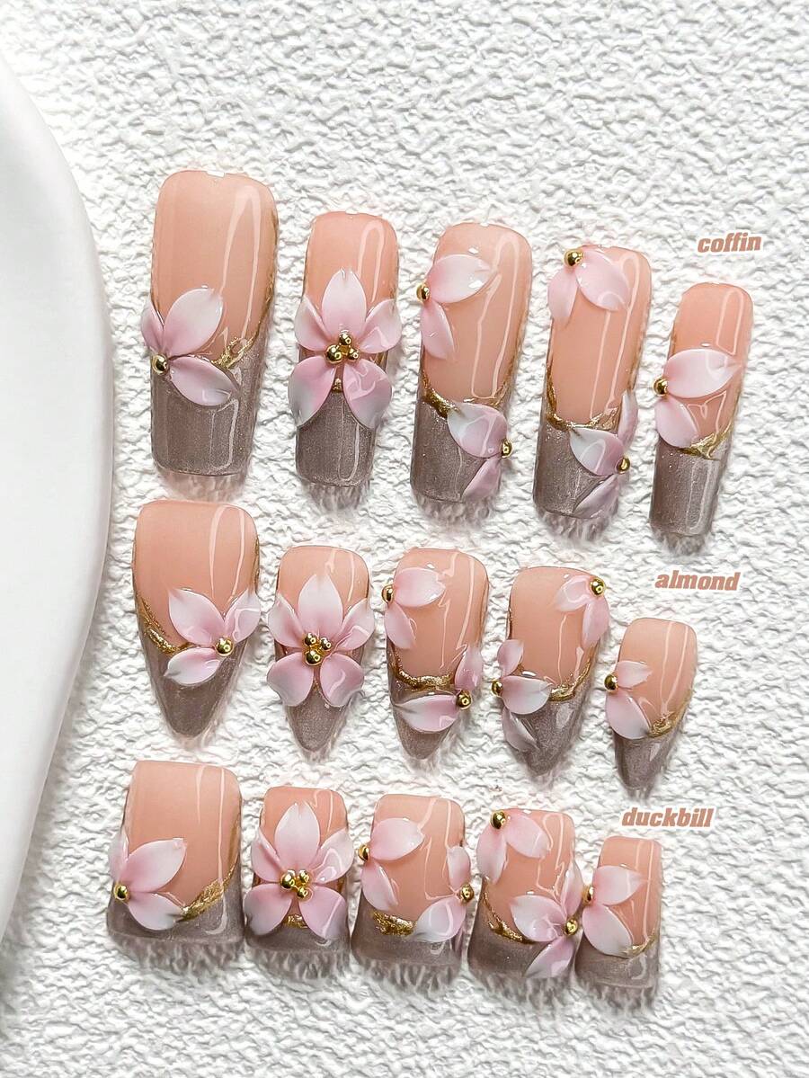 10Pcs Light Luxury Floral Style Handmade Nail Art Set,Polygel Nail Set, Five Petal Flower Nail Art Decorations,Includes Nail Tools,3 Sizes Available,Almond Nails , Duck Nails,Coffin Nails For Party, Dance, Daily Wear. - 彩色 - 查看 1