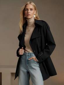 Chaqueta cortavientos para mujer de otoño e invierno Risissida, con bolsillos prácticos y cordón, adecuada para el uso en clima frío durante los desplazamientos en la ciudad - Negro - Ver 6