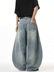 1 chiếc quần jeans ống rộng phong cách đường phố Mỹ Hearty Haven dành cho nam, chất liệu denim mài rách, thoải mái, dáng rộng (không kèm thắt lưng hoặc phụ kiện) - Màu xanh lam - Xem 4