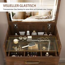 3-In-1 Dressing Table With Open Mirror / Small Dressing Table Set / With Clear Glass Tabletop / Space-Saving Design / Suitable For Small Rooms, Apartments And Bedrooms - Walnut Wood - View 7