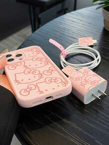 SANRIO 5 件套：1 个粉色线条手机壳 + 1 个充电器保护套 + 1 个扎线带 + 2 个数据线保护套，兼容 16 Pro Max/15/14 Plus/13/12/11，圣诞节礼物、新年礼物、复活节礼物、万圣节礼物 - 粉色 - 查看 3