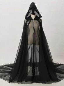 Áo choàng trùm đầu Halloween, áo choàng dài bằng lưới ấn tượng, phong cách Gothic tối màu. - trắng - Xem 4