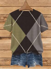 ADFHP Maglione a maniche corte da donna in stile vintage college, con stampa a blocchi di colore verde, nero e grigio, motivo a quadri a rombi, scollo tondo, adatto per uscite casual - Multicolore - Visualizzare 3