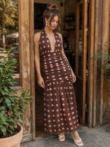 Elegant Halter Maxi Dress For Women, Polka Dot Print, Sleeveless, Open Back, Ideal For Parties And Date Nights. - 棕色 - 查看 5