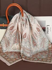 1pc 27.5"X27.5" Luxury Pattern Silk Scarf, Fashionable Design Suitable For Daily Wear, ,Holiday,Travel - Khaki - View 2