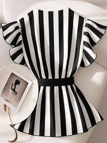 Áo nữ kiểu dáng thường ngày thanh lịch, đa năng, phối màu đen trắng kẻ sọc, cổ chữ V, vai thường, tay bồng, ôm sát, tay ngắn, có thắt lưng để tạo dáng eo, thích hợp cho mùa xuân hè. - Đen và trắng - Xem 5