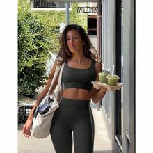 OLCHEE Womens Workout Sets 2 Piece Seamless Square Neck Sports Bra Padded Butt Lifting Leggings High Waist Yoga Gym Outfits - màu đen - Xem 2