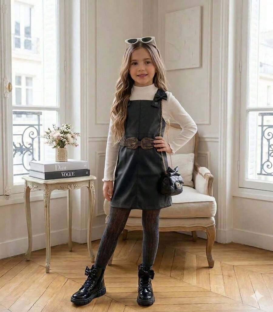 Girls' Outfit Set - Blogger Style - Faux Leather Jumpsuit With Blouse - Black - View 1