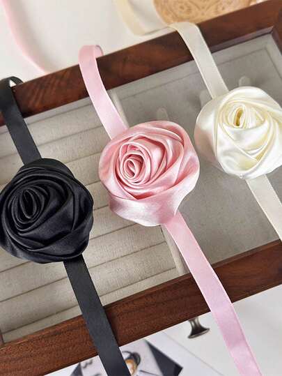 1 pièce Collier ras-du-cou en satin rose rétro français, collier polyvalent et à la mode
