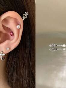 1 pieza Pendiente de cartílago de cetro de corona único, pendiente fresco y versátil para mujeres - Plateado - Ver 6