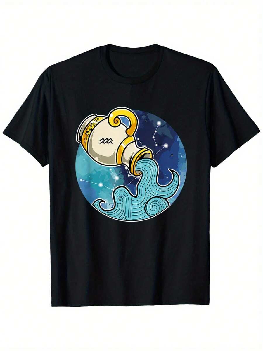 Camiseta con Signos del Zodíaco - Acuario, Adecuada para Hombres y Mujeres, Camiseta para Actividades al Aire Libre, 100% Algodón, Tallas S-XXXL - Negro - Ver 1