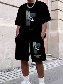 RGETH Men's Casual Two-Piece Set With Digital Print Summer English Love Bear Pattern, Round Neck Short Sleeve T-Shirt And Drawstring Shorts With Pockets, Knitted Round Neck, Slight Stretch, Regular Fit Summer Outdoor Sportswear Shirts Mens Clothes - Nhiều màu 6 - Xem 13