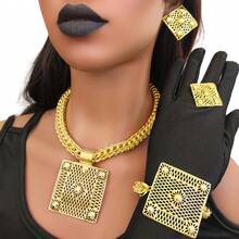 New Creative Exaggerated European-Style Fashionable New Product - Creative Geometric Shape Large Pendant European And American Style Metal Gold Color Casual Personalized Fashion Versatile Exaggerated Jewelry Set Adjustable Rope Length, Adjustable Ring Size - Wear It With Confidence - Necklace + Earrings + Ring + Bracelet - View 11