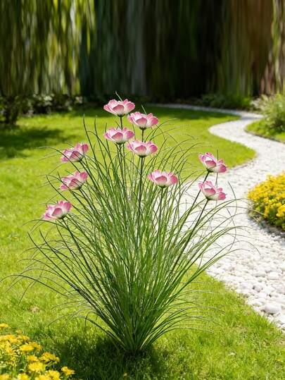 1/6/10束人造葱草和波斯菊，粉色向日葵花束，抗紫外线户外仿真绿植灌木，塑料仿真地面植被，适用于庭院、花园、客厅、酒店装饰、窗框、婚礼、周年纪念日