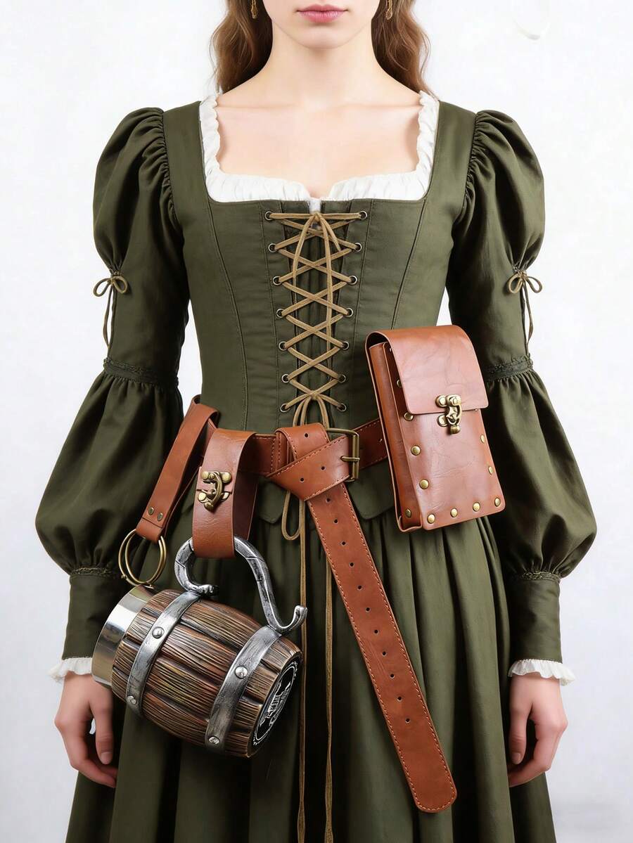 Bộ 4 túi đeo thắt lưng giả da thời Trung cổ Phục hưng kèm giá đựng cốc bia, thích hợp cho LARP & Cosplay. - màu nâu - Xem 1