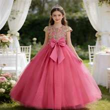 女童蝴蝶结薄纱公主裙短袖派对选美生日婚礼花童连衣裙 - 玫紅色 - 查看 2