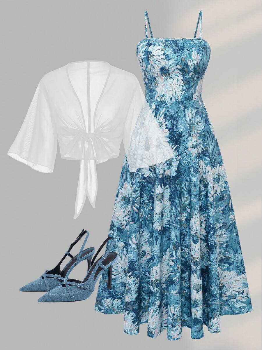 大码女装时尚夏季独特印花雪纺连衣裙和外套优雅两件套，休闲装，适合情人节、日常穿着、花园派对和度假。 - 彩色 - 查看 1