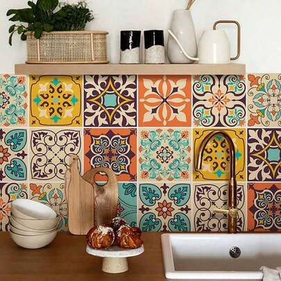 OUTANA 30 tấm giấy dán tường tự dính hình vuông kiểu Mexico, kích thước 4x4 inch, làm bằng PVC, chống thấm nước, chống ẩm, dễ lau chùi. Giấy dán tường PVC vinyl có thể tháo rời, thích hợp cho trang trí nhà cửa, nhà bếp, phòng ăn, phòng ngủ, phòng khách, đồ nội thất, trang trí phòng ký túc xá, tường nghệ thuật, trang trí phòng mùa xuân và mùa hè, mang đến cho ngôi nhà của bạn một diện mạo mới mẻ.