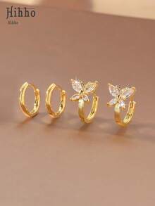 Hihho 2 Sets Of Exquisite And Unique Shiny Earring Sets, Featuring Various Designs Such As Plain Hoops, Butterflies, Flower Clusters, And Chains. Versatile Jewelry Earrings Suitable For Daily Commute Or Vacation - Yellow Gold - View 5
