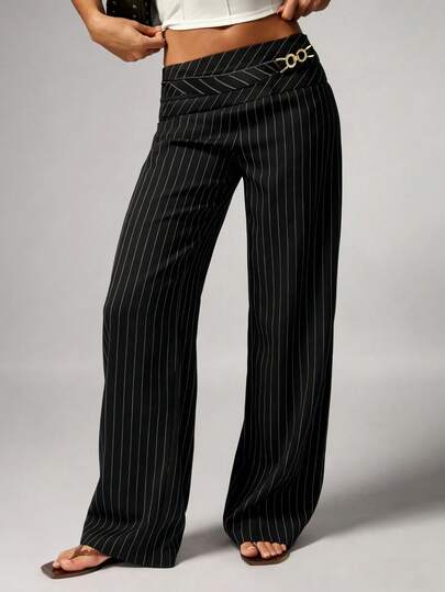 Quần ống đứng kẻ sọc đen thanh lịch dành cho nữ, quần ống đứng cạp thấp với khóa kim loại trang trí, đa năng cho đi làm, ở nhà, ăn trưa, sân bay, dạo phố, đi học, trang phục lễ Phục sinh.