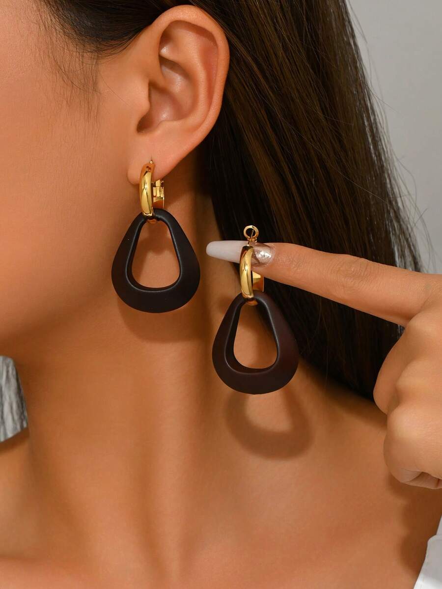 1对女士不锈钢简约几何木质水滴耳环，适合日常佩戴和度假 - 多色 - 查看 1