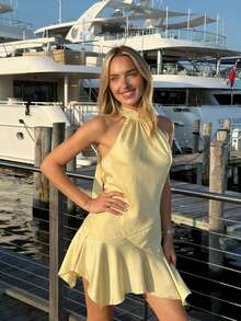 ii Robe mini élégante d'été pour femmes, col ras-du-cou, ourlet à volants, couleur unie, à la mode, pour soirée et vacances - Jaune citron - Voir 3
