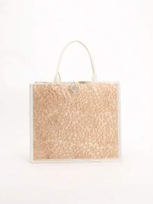 1pc Colorful Sequin & Mesh Patchwork Linen Tote Bag, Fashion Floral & Leaf Embroidery Design, Large Capacity Square Shoulder Bag, Casual Vacation Style Shopping Bag (Floral Pattern Randomly Distributed) - Khaki - View 6