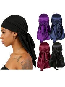 Hip Hop Style Satin Durag, Silky Headwrap For Men Women, Fashion Turban Bandana With Long Tails For Streetwear Luxury, Satin Durag For Night Sleep & Daily Wear, Summer, Beach, Holiday,Festival,Travel - Multicolor - View 5