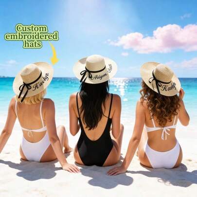 Customized Embroidered "Bride" Beach Straw Hat, For Bachelorette Party, Pool, Beach, Wedding Decoration Gift, Bridal Shower, Spring/Summer, Adult Straw Hat, Flat Brim Beach Sun Hat, UV Protection, Wedding, Bridesmaid, Music Festival, Mother's Day, Suitable For Outings, Photo Shoots, Accessory, Detachable Black Cord, Khaki, White, Versatile Minimalist Fashion Style