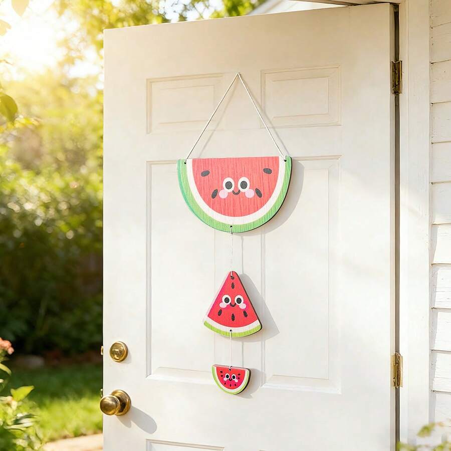 Summer Party & Vacation Fruit & Ice Cream Wooden Hanging Decor, Birthday Party Entrance Ornament, Watermelon, Strawberry, Pineapple, Coconut Background Wall Banner - Summer - View 1