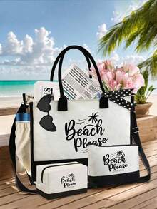 黑白拼接沙滩手提袋套装，印有“Beach Please”字样、海星图案，热带夏季设计，大容量手提包，可重复使用沙滩购物袋，适合婚礼、生日、节日等场合，是送给女性、母亲、教师、朋友、伴娘、学生的完美礼物，也是春夏季节、母亲节、返校季、生日的理想之选。 - 彩色 - 查看 6