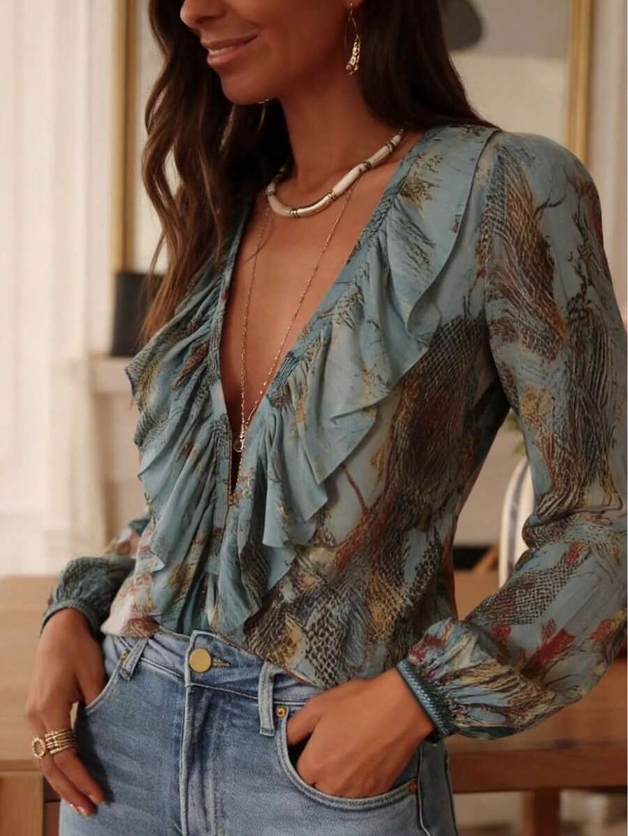 Blusa elegante con estampado integral de gasa con cuello en V profundo, cremallera, volantes y mangas farol, estilo francés vintage. Blusa de mujer con estampado integral, plisados y volantes en el bajo, ideal para vacaciones, primavera - Celeste - Ver 1