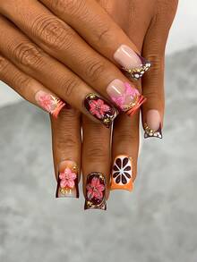 10片装Y2K风鸭嘴美甲贴片套装 - 手工制作，包含粉色、红色、红橙法式美甲贴片、手工3D花朵和3D橙色图案、手绘红色斑马纹和白色波点设计、闪亮金色小钢珠和水钻装饰，精致优雅的美甲 - 完美适用于派对和休闲装扮 - 彩色 - 查看 5