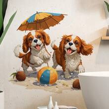 1 pieza con ilustración de dos perros jugando en la playa, en un estilo de acuarela encantador. Para pegatina de tapa de inodoro, pegatina del tanque de agua, artículos de decoración de baño, pegatinas de inodoro humorísticas - A - Ver 3