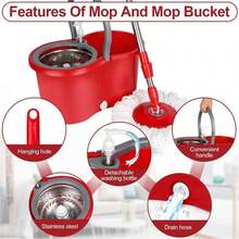 Spin Mop And Bucket With Wringer Set, 360° Mop And Bucket System With 3 Microfiber Mop Refills And 61" Extended Handle For Floor Cleaning - 紅色的 - 查看 4